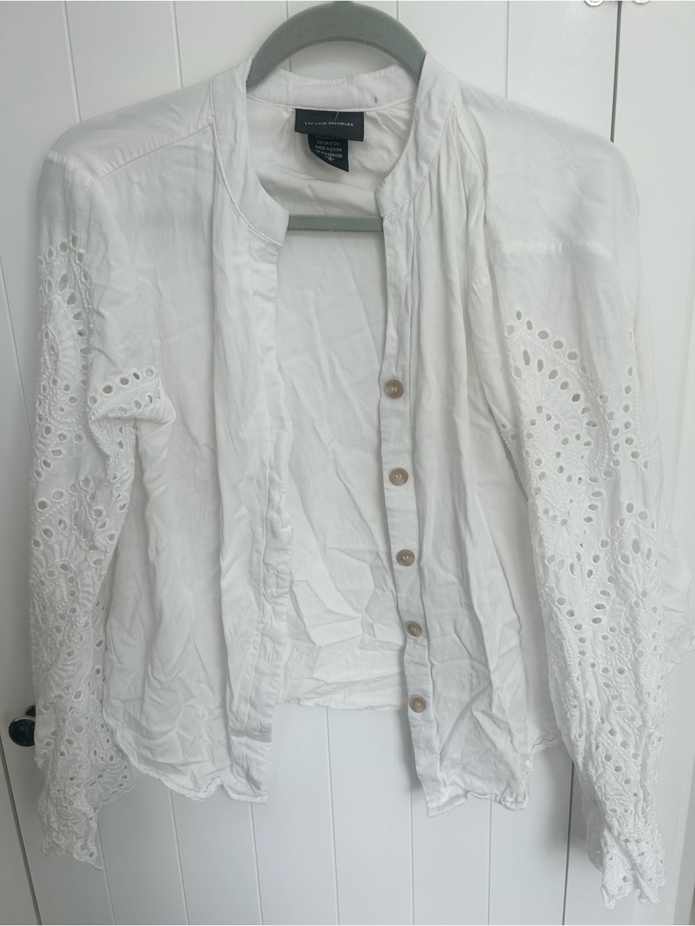 White Eyelet Sleeve Button-Front Women's Top boutique blouse